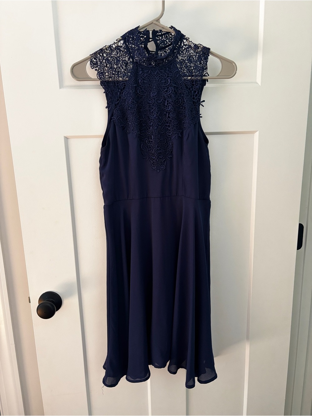 Adrianna Papell Navy Lace High-Neck Midi Dress